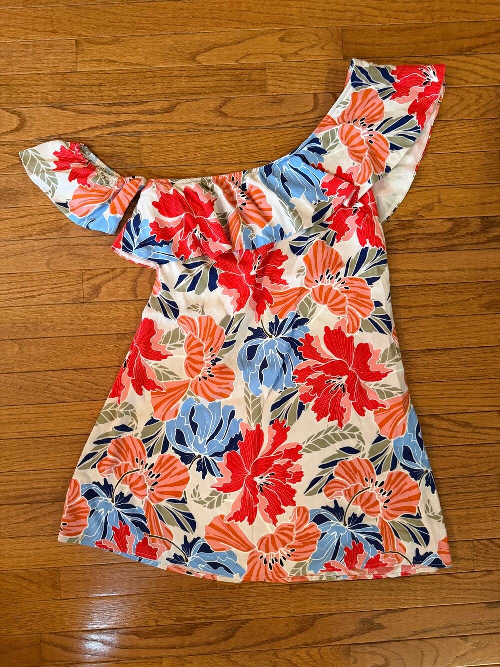 ASTR the Label Marisol One Shoulder Ruffle Mini Dress Floral L Cruise Resort